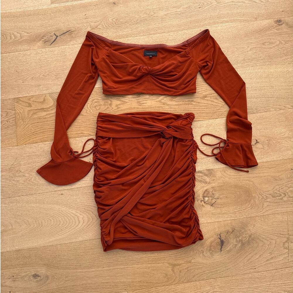 Majorelle - Destiny Off Shoulder Crop Top & Ruched Mini Skirt in Orange Rust